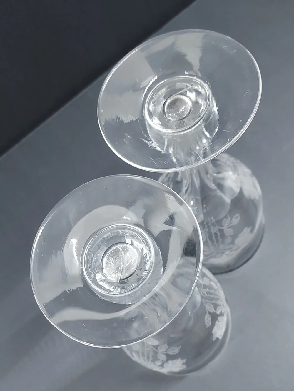 Rare Vintage Etched Rose Hollow Stem Wine Goblets Set of 2